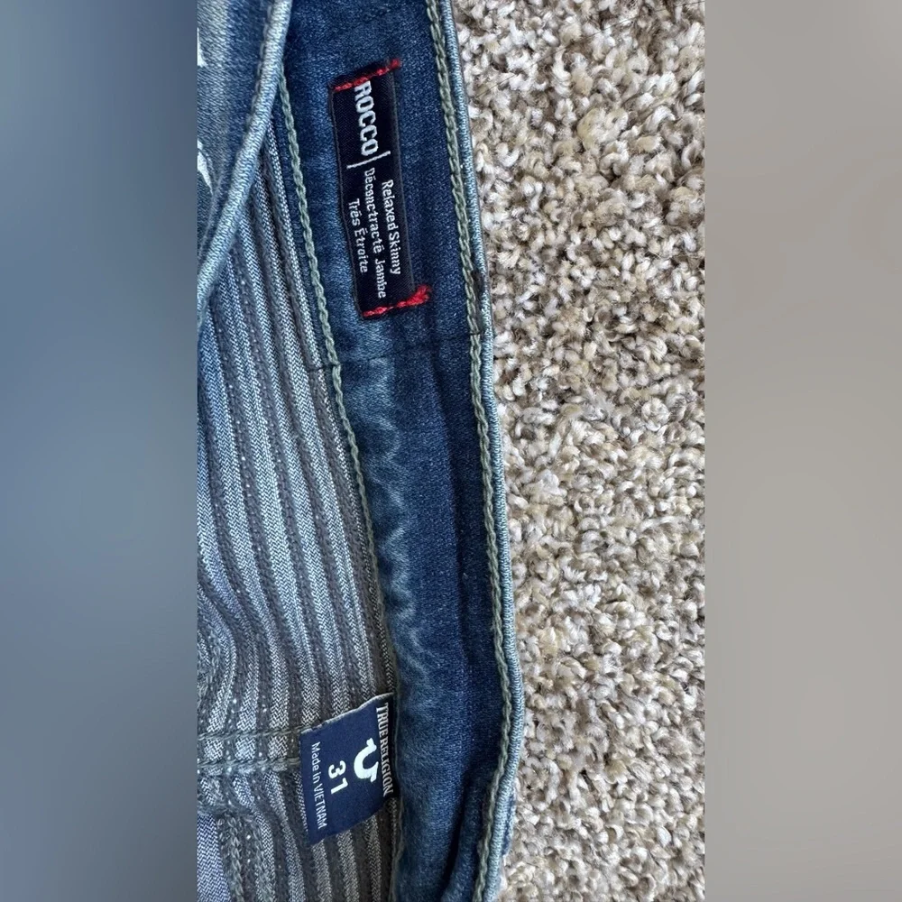 True Religion Distressed Blue Biker Jeans with Paint Splatter